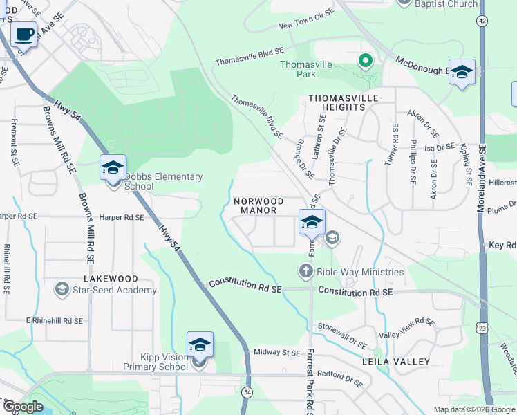 map of restaurants, bars, coffee shops, grocery stores, and more near 800 Norwood Road Southeast in Atlanta