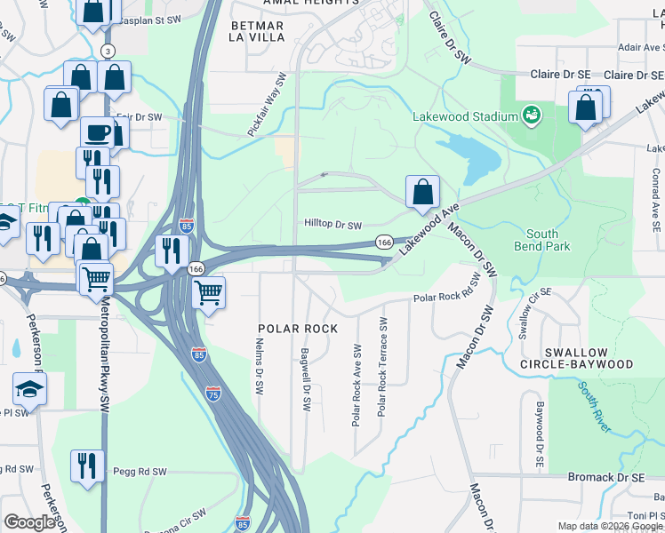 map of restaurants, bars, coffee shops, grocery stores, and more near 2405 Lakewood Avenue Southwest in Atlanta