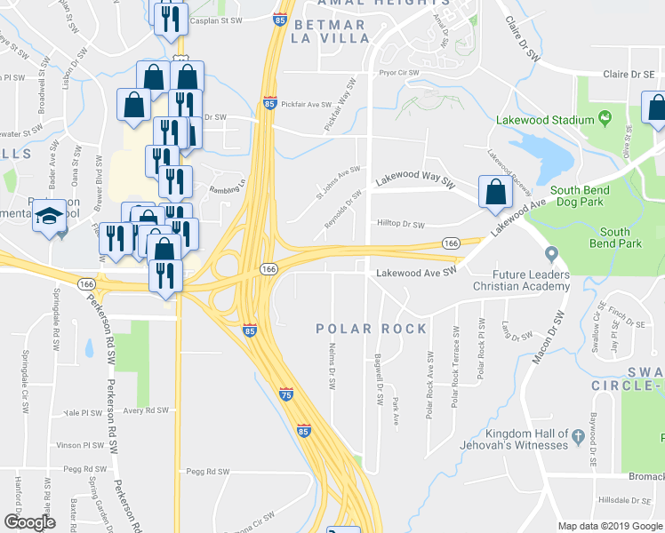 map of restaurants, bars, coffee shops, grocery stores, and more near 2497 Lakewood Avenue Southwest in Atlanta