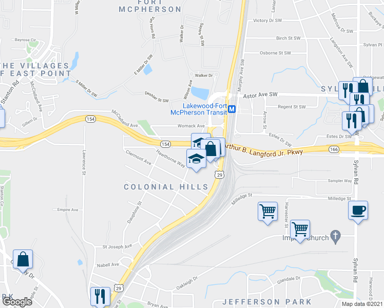 map of restaurants, bars, coffee shops, grocery stores, and more near 2103 Newnan Street in East Point