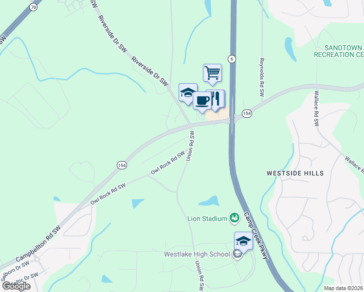 map of restaurants, bars, coffee shops, grocery stores, and more near 5960 Canaan Woods Drive Southwest in Atlanta