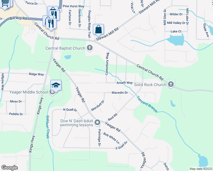 map of restaurants, bars, coffee shops, grocery stores, and more near 5744 Amalfi Way in Douglasville