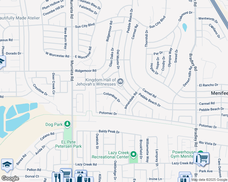 map of restaurants, bars, coffee shops, grocery stores, and more near 29081 Prestwick Road in Menifee