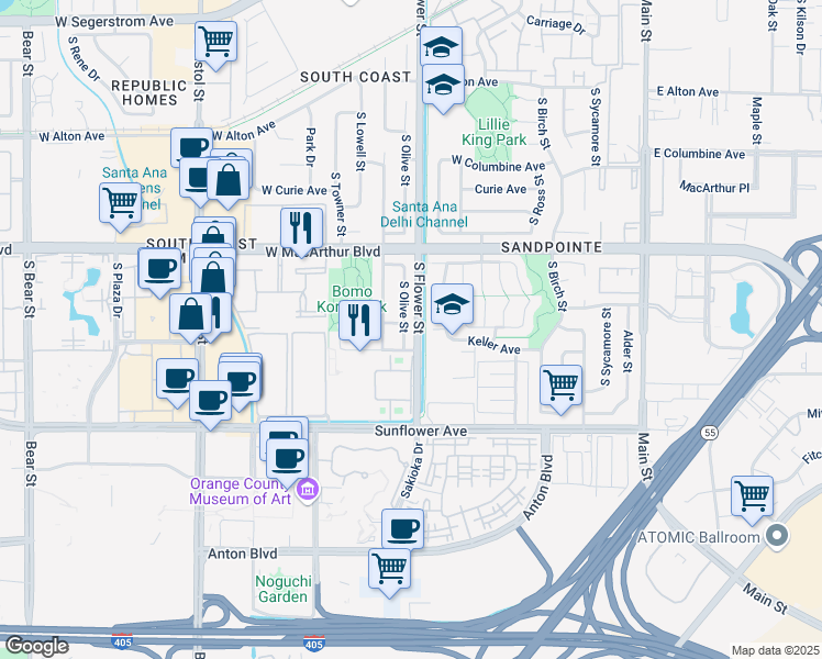 map of restaurants, bars, coffee shops, grocery stores, and more near 3729 South Olive Street in Santa Ana