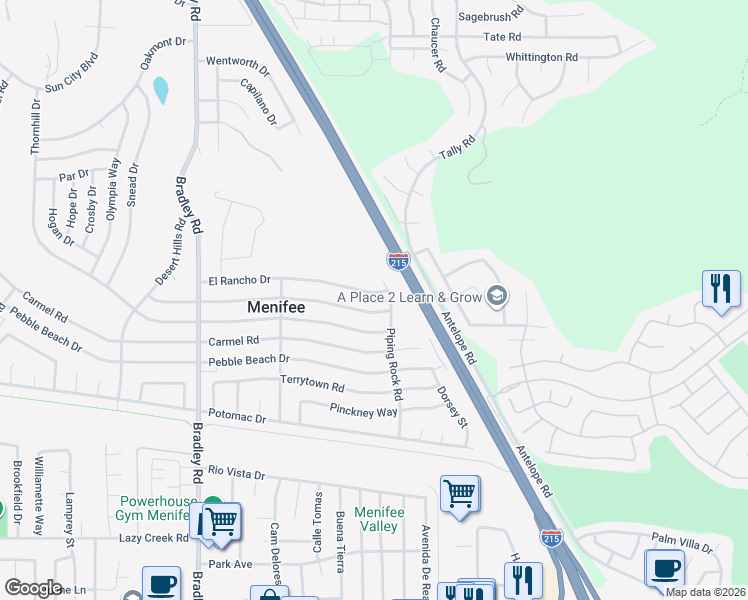 map of restaurants, bars, coffee shops, grocery stores, and more near 27431 El Rancho Drive in Menifee