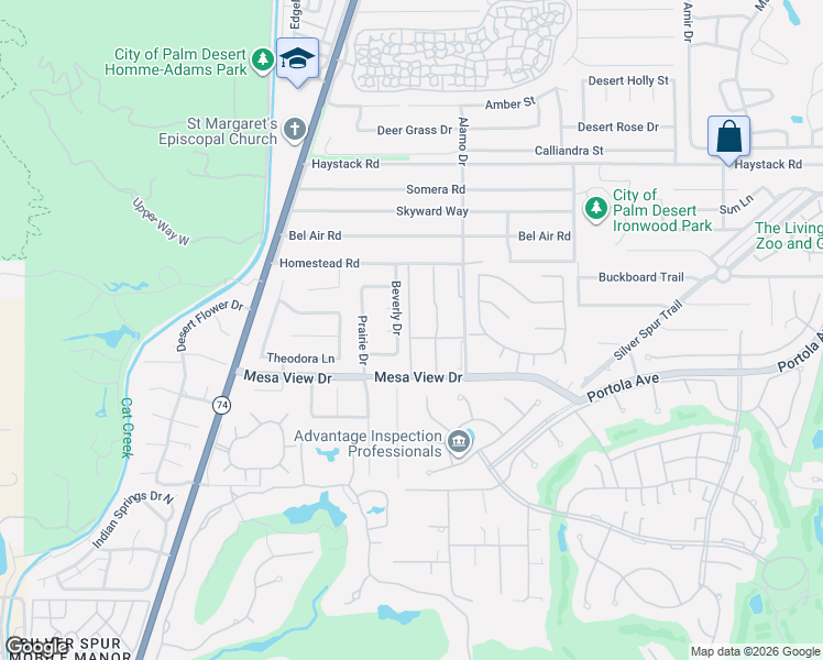 map of restaurants, bars, coffee shops, grocery stores, and more near 48275 Racquet Lane in Palm Desert