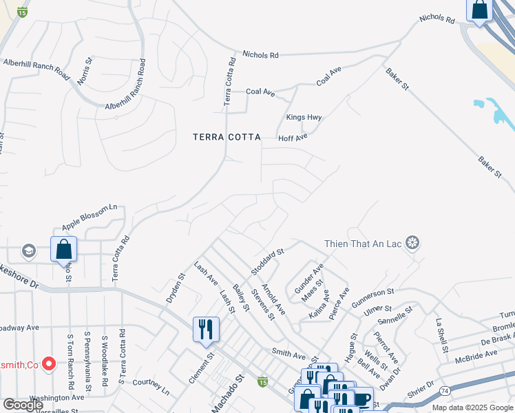 map of restaurants, bars, coffee shops, grocery stores, and more near 940 Dryden Street in Lake Elsinore