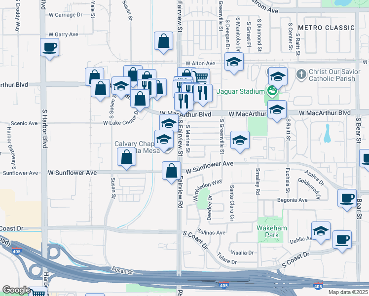 map of restaurants, bars, coffee shops, grocery stores, and more near 3714 South Marine Street in Santa Ana