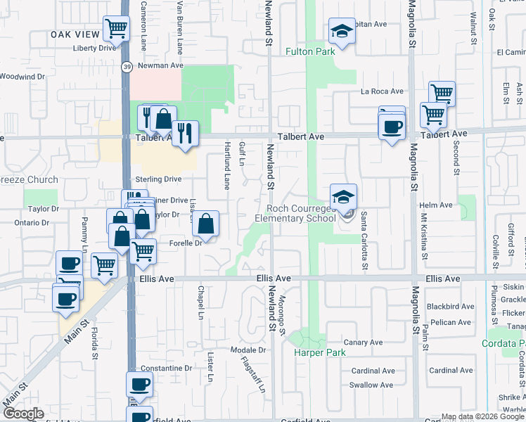 map of restaurants, bars, coffee shops, grocery stores, and more near 18274 Gum Tree Lane in Huntington Beach