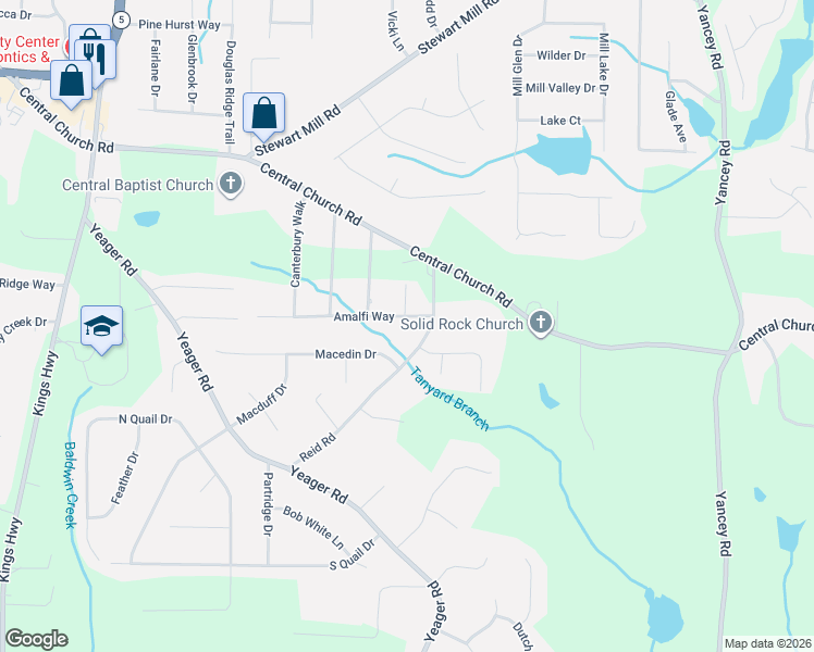 map of restaurants, bars, coffee shops, grocery stores, and more near 5612 Amalfi Way in Douglasville