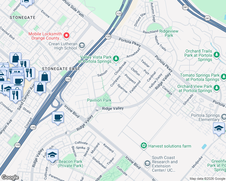 map of restaurants, bars, coffee shops, grocery stores, and more near 179 Pepperoot in Irvine
