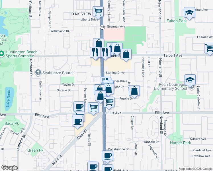 map of restaurants, bars, coffee shops, grocery stores, and more near 8001 Taylor Drive in Huntington Beach