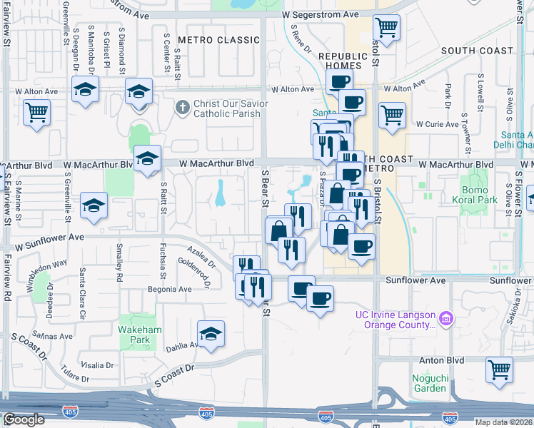 map of restaurants, bars, coffee shops, grocery stores, and more near 3710 South Bear Street in Santa Ana