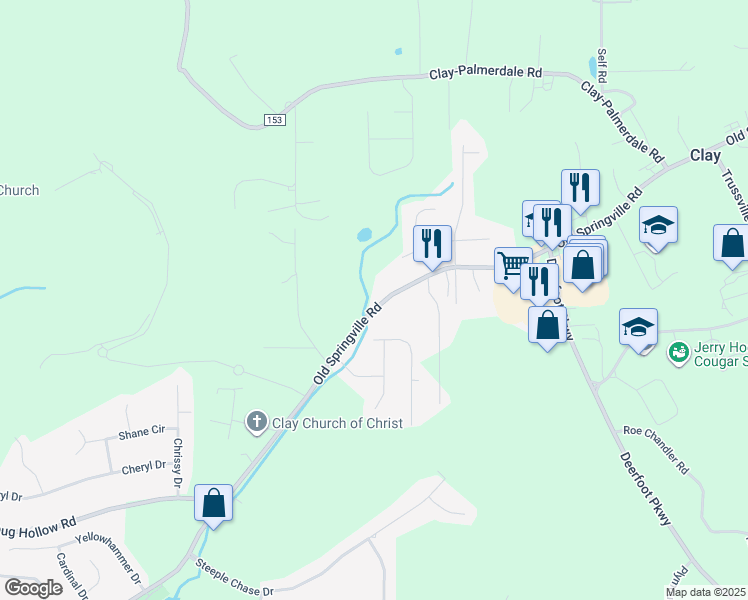 map of restaurants, bars, coffee shops, grocery stores, and more near 6592 Old Springville Road in Pinson