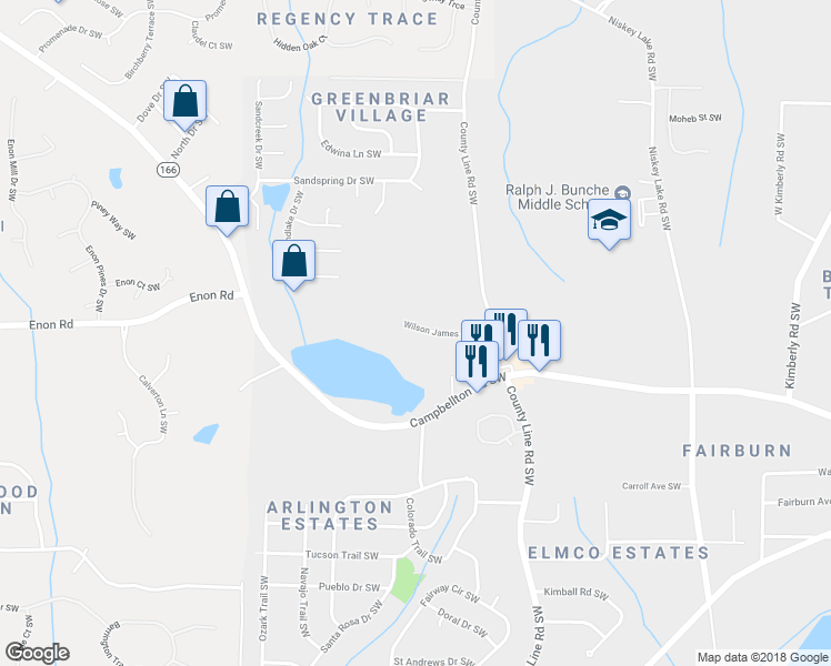 map of restaurants, bars, coffee shops, grocery stores, and more near 4610 Wilson James Road Southwest in Atlanta