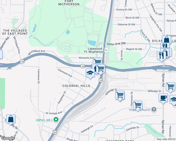 map of restaurants, bars, coffee shops, grocery stores, and more near 2103 Newnan Street in East Point