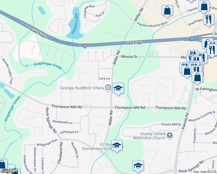 map of restaurants, bars, coffee shops, grocery stores, and more near 3139 Miller Road in Stonecrest
