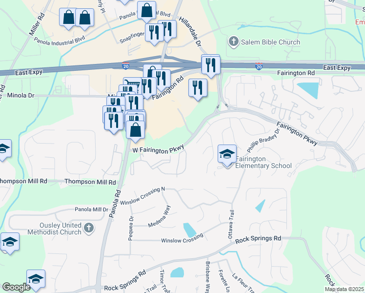 map of restaurants, bars, coffee shops, grocery stores, and more near 2243 Turnberry Place in Lithonia