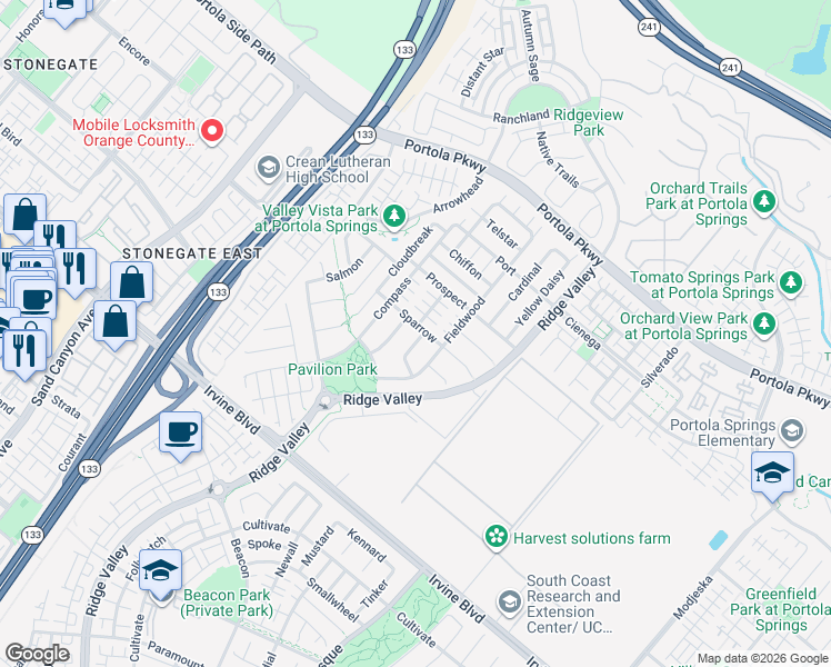 map of restaurants, bars, coffee shops, grocery stores, and more near 171 Trillium in Irvine
