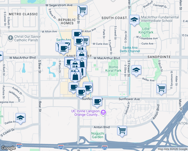 map of restaurants, bars, coffee shops, grocery stores, and more near in Santa Ana