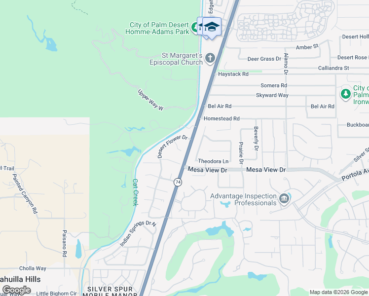 map of restaurants, bars, coffee shops, grocery stores, and more near 72520 Sandstone Lane in Palm Desert
