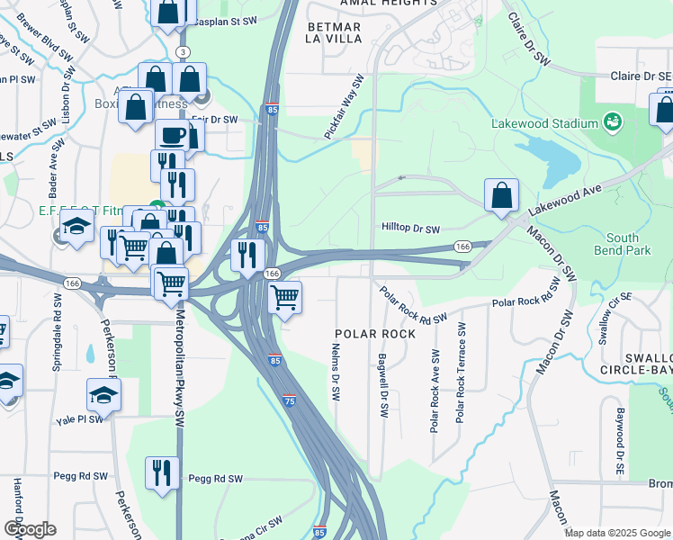 map of restaurants, bars, coffee shops, grocery stores, and more near 2497 Lakewood Avenue Southwest in Atlanta