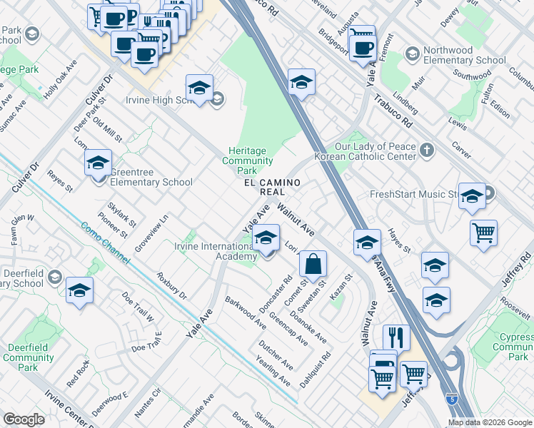 map of restaurants, bars, coffee shops, grocery stores, and more near in Irvine