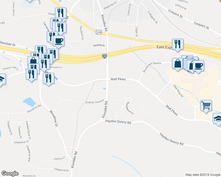 map of restaurants, bars, coffee shops, grocery stores, and more near 2950 Klondike Road in Lithonia