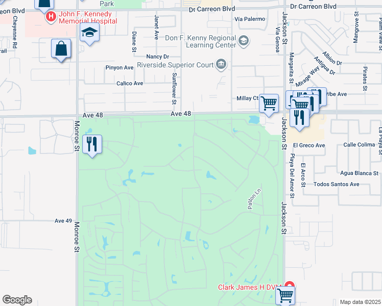 map of restaurants, bars, coffee shops, grocery stores, and more near 48375 Heifitz Drive in Indio