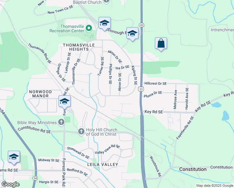 map of restaurants, bars, coffee shops, grocery stores, and more near 2057 Akron Drive Southeast in Atlanta