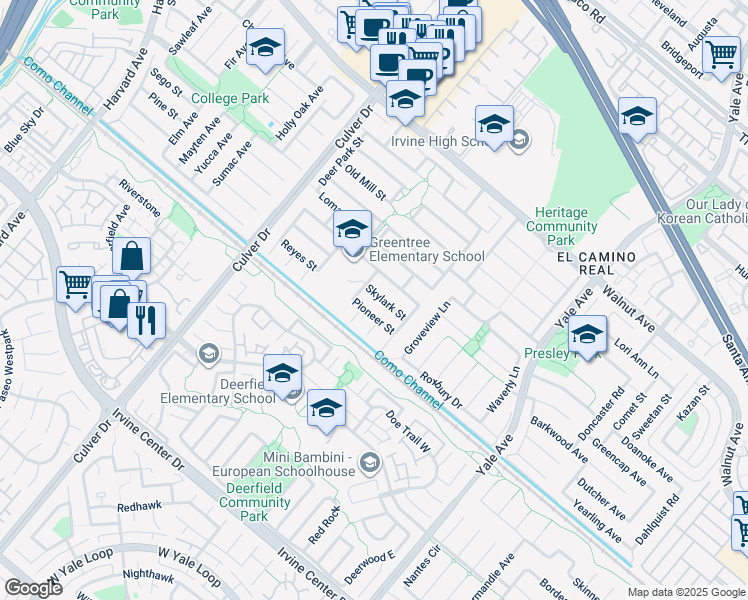 map of restaurants, bars, coffee shops, grocery stores, and more near 4312 Skylark Street in Irvine