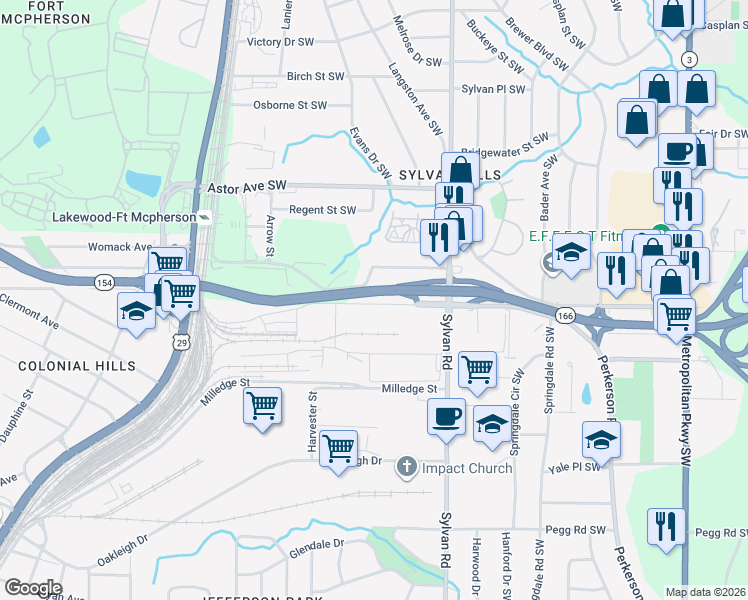 map of restaurants, bars, coffee shops, grocery stores, and more near 3159 Lakewood Avenue Southwest in Atlanta