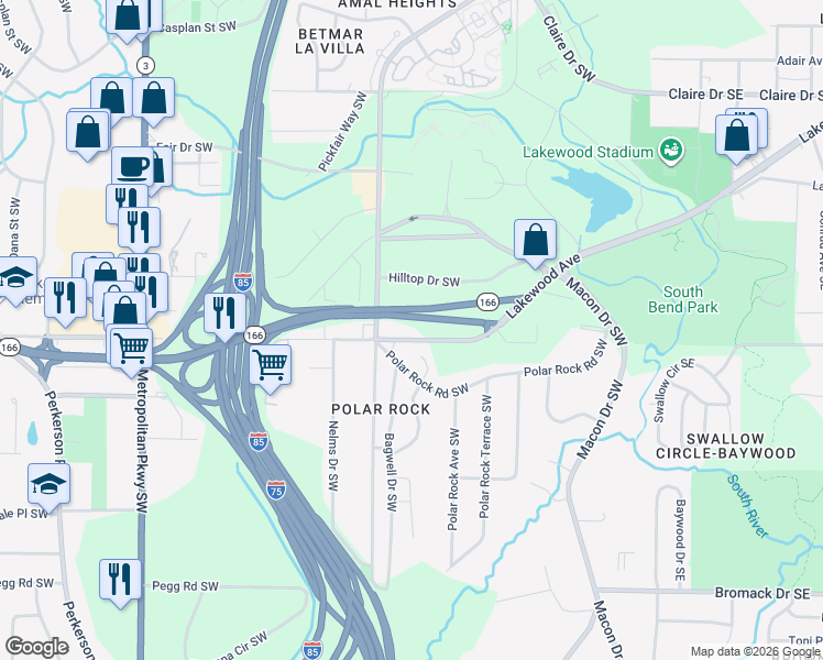 map of restaurants, bars, coffee shops, grocery stores, and more near 2405 Lakewood Avenue Southwest in Atlanta