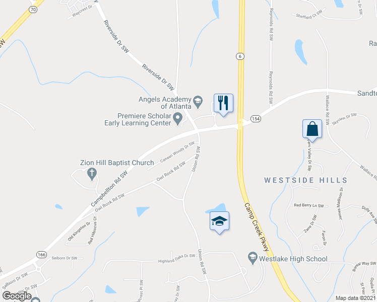 map of restaurants, bars, coffee shops, grocery stores, and more near 5960 Canaan Woods Drive Southwest in Atlanta