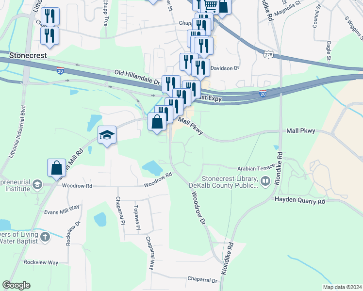 map of restaurants, bars, coffee shops, grocery stores, and more near 2967 Heritage Villa Drive in Lithonia