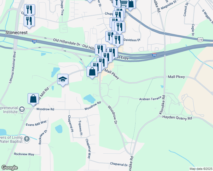 map of restaurants, bars, coffee shops, grocery stores, and more near 2967 Heritage Villa Drive in Stonecrest