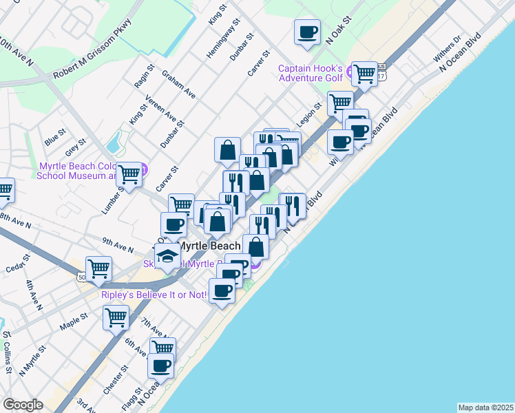 map of restaurants, bars, coffee shops, grocery stores, and more near 400 14th Avenue North in Myrtle Beach