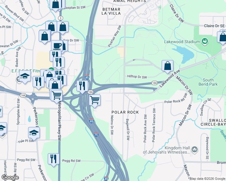 map of restaurants, bars, coffee shops, grocery stores, and more near 2493 Lakewood Ave SW in Atlanta
