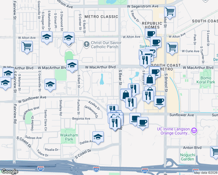 map of restaurants, bars, coffee shops, grocery stores, and more near 1912 Bay Crest Street in Santa Ana