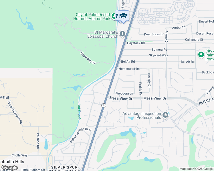 map of restaurants, bars, coffee shops, grocery stores, and more near 72516 Sandstone Lane in Palm Desert