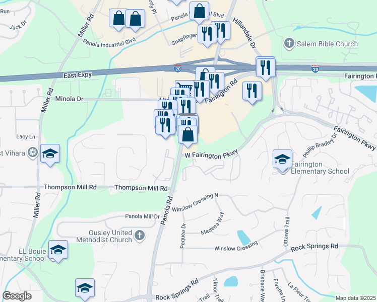 map of restaurants, bars, coffee shops, grocery stores, and more near 3068 Panola Road in Stonecrest