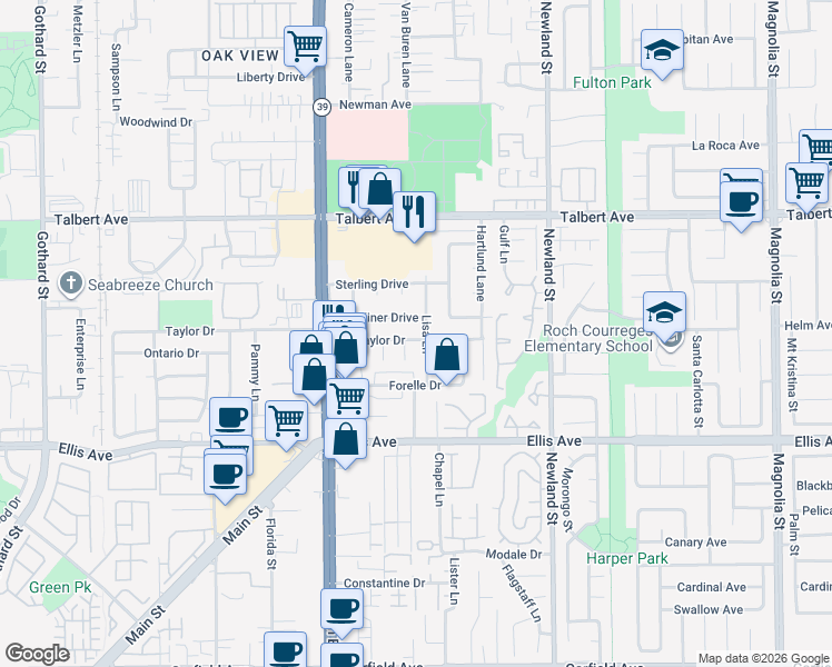 map of restaurants, bars, coffee shops, grocery stores, and more near 8191 Taylor Drive in Huntington Beach