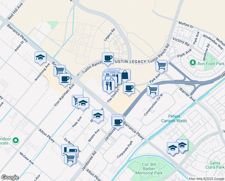 map of restaurants, bars, coffee shops, grocery stores, and more near 2481 Park Avenue in Tustin