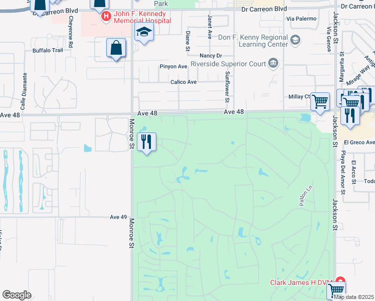 map of restaurants, bars, coffee shops, grocery stores, and more near 48386 Disney Drive in Indio