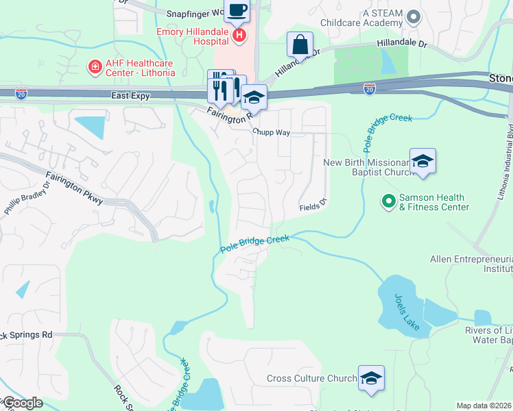 map of restaurants, bars, coffee shops, grocery stores, and more near 5923 Dogwood Manor in Stonecrest
