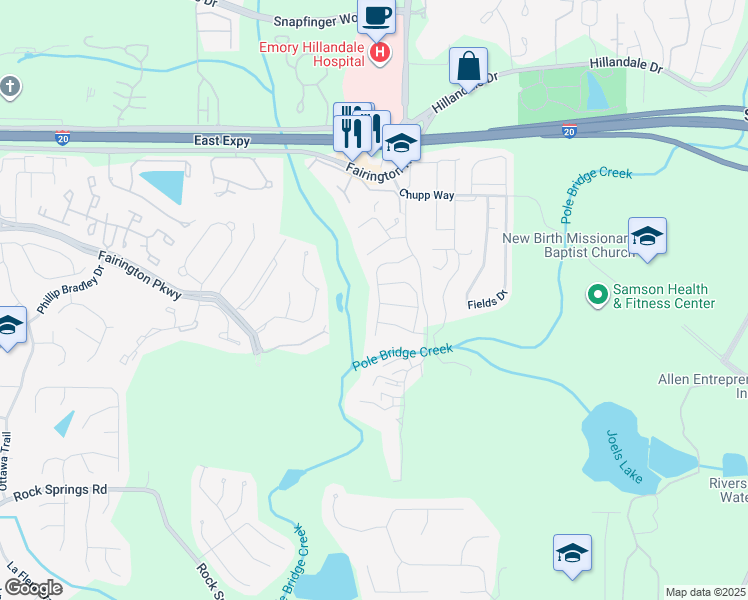 map of restaurants, bars, coffee shops, grocery stores, and more near 5856 Trent Walk Drive in Stonecrest