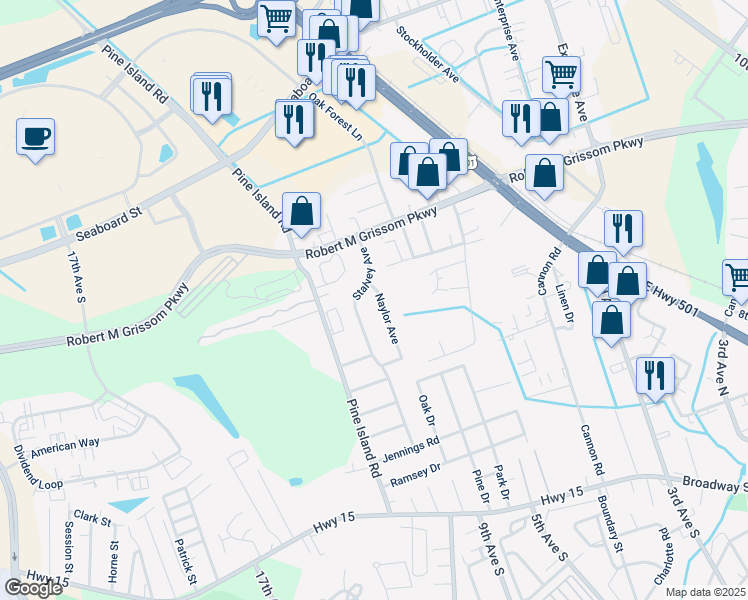 map of restaurants, bars, coffee shops, grocery stores, and more near 1261 Naylor Avenue in Myrtle Beach