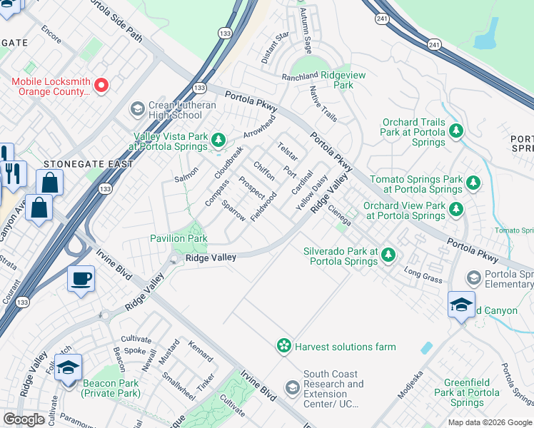 map of restaurants, bars, coffee shops, grocery stores, and more near 115 Prairie Rose in Irvine