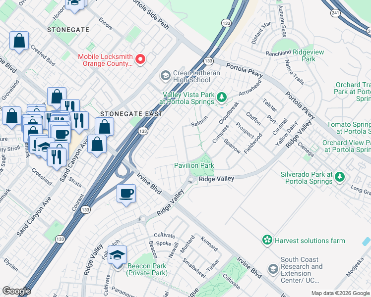 map of restaurants, bars, coffee shops, grocery stores, and more near Pavilion Park in Irvine