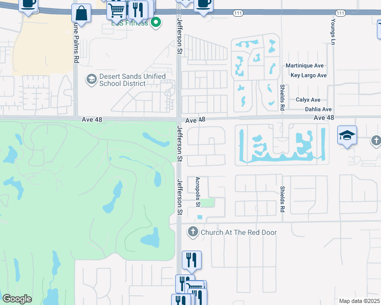 map of restaurants, bars, coffee shops, grocery stores, and more near 80056 Golden Gate Drive in Indio